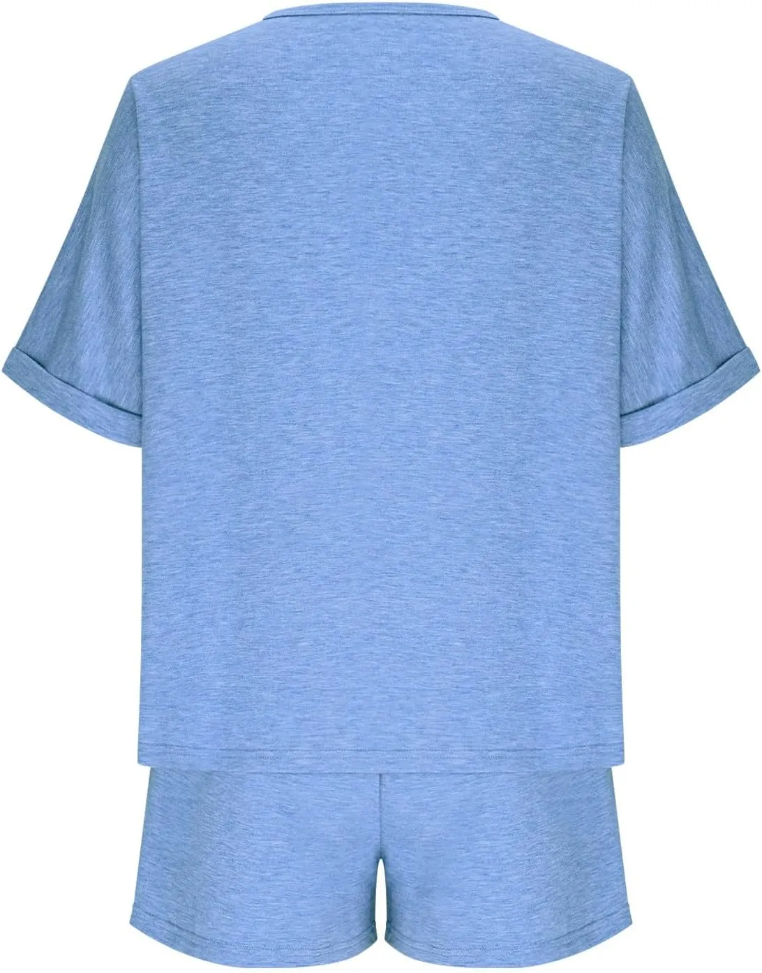 DDAPJ pyju Women's 2 Piece Loungewear Sets Casual Rolled Short Sleeve Sleepwear Drawstring Waist Shorts Soft Pajamas Set