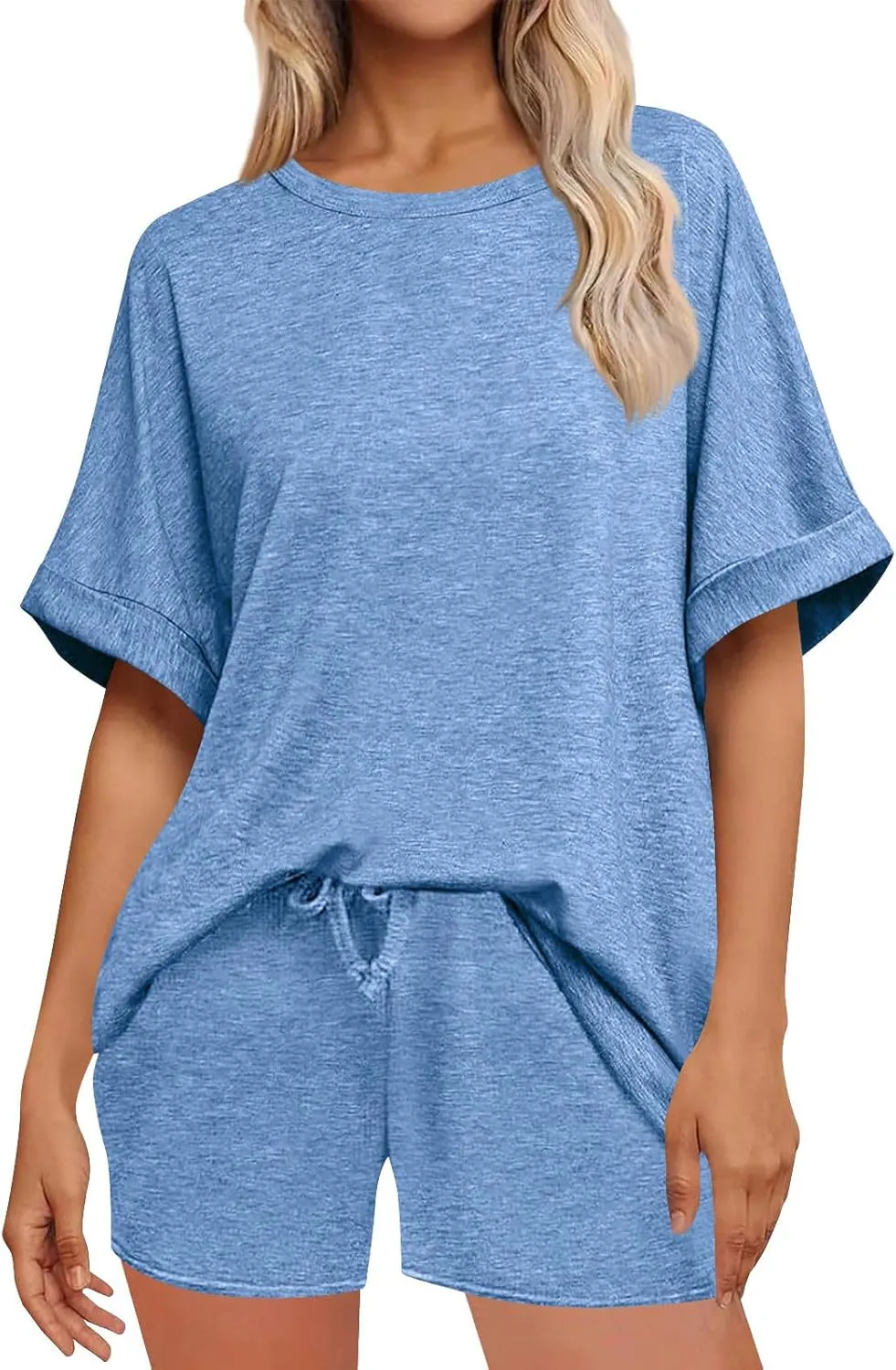 DDAPJ pyju Women's 2 Piece Loungewear Sets Casual Rolled Short Sleeve Sleepwear Drawstring Waist Shorts Soft Pajamas Set