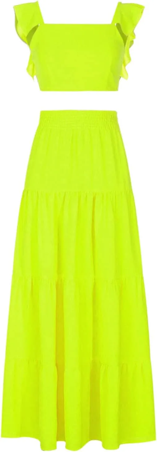 DDAPJ pyju Womens 2 Piece Maxi Skirt Set Summer Y2k Ruffle Sleeve Crop Top Smocked High Waist Tiered Flowy Ruffle Skirts