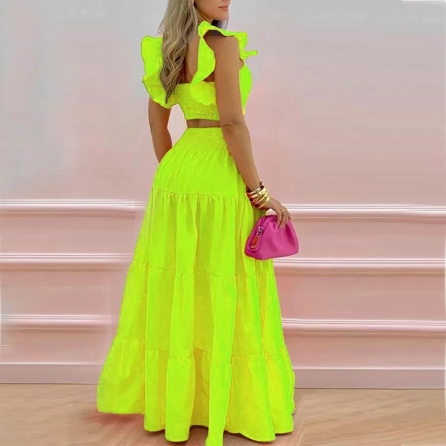 DDAPJ pyju Womens 2 Piece Maxi Skirt Set Summer Y2k Ruffle Sleeve Crop Top Smocked High Waist Tiered Flowy Ruffle Skirts