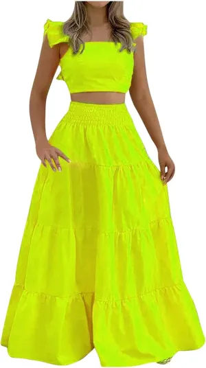 DDAPJ pyju Womens 2 Piece Maxi Skirt Set Summer Y2k Ruffle Sleeve Crop Top Smocked High Waist Tiered Flowy Ruffle Skirts