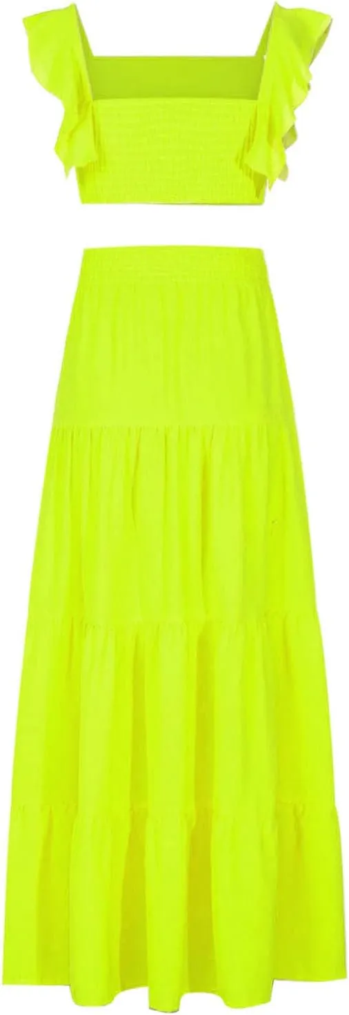 DDAPJ pyju Womens 2 Piece Maxi Skirt Set Summer Y2k Ruffle Sleeve Crop Top Smocked High Waist Tiered Flowy Ruffle Skirts