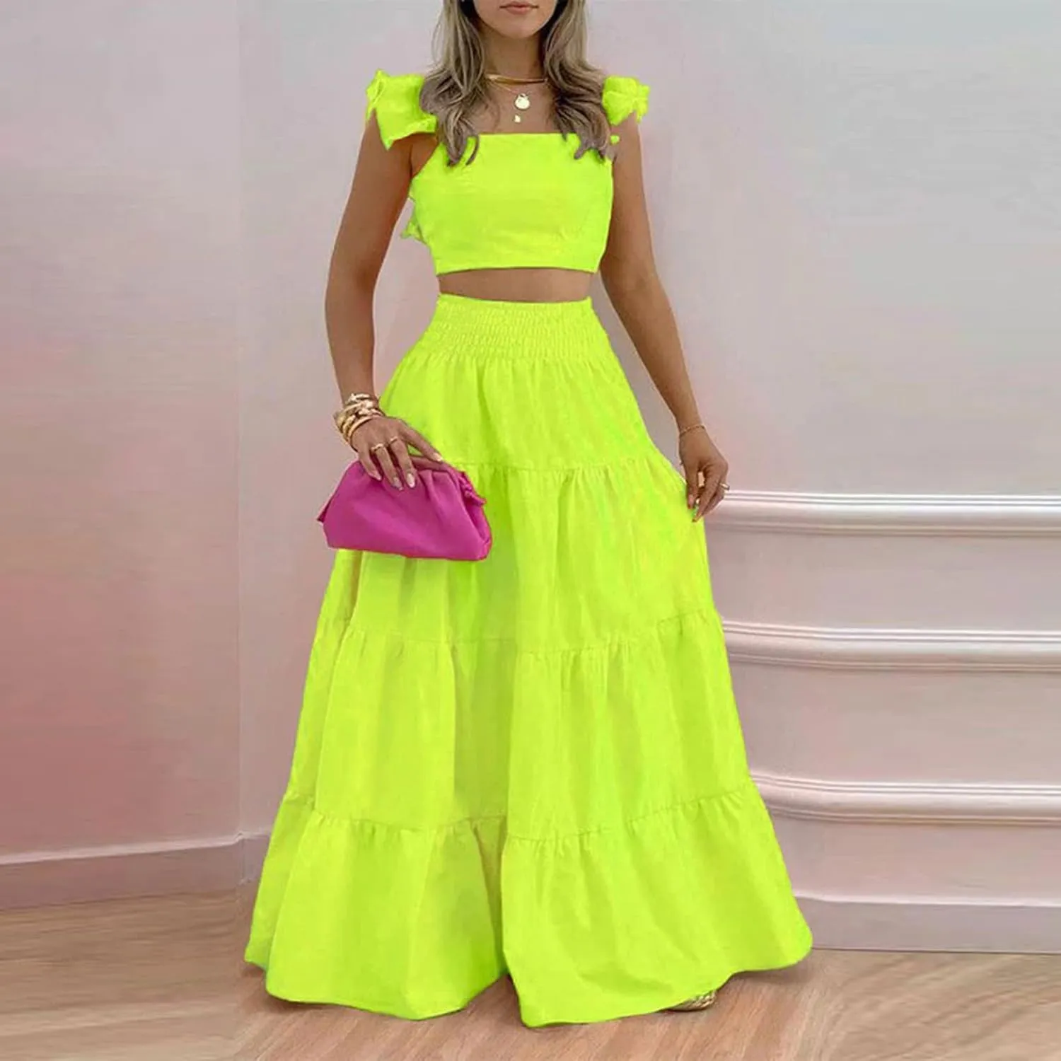 DDAPJ pyju Womens 2 Piece Maxi Skirt Set Summer Y2k Ruffle Sleeve Crop Top Smocked High Waist Tiered Flowy Ruffle Skirts