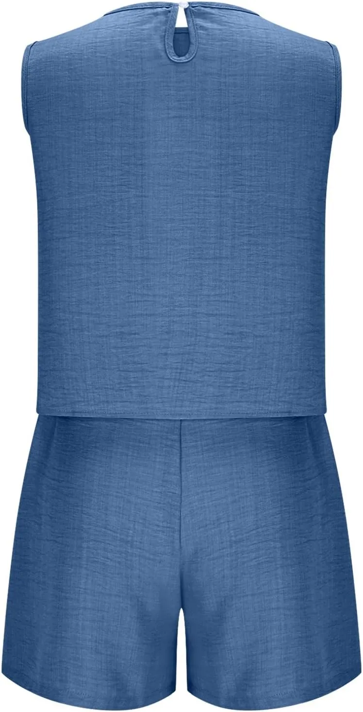 DDAPJ pyju Women's Summer 2 Piece Outfits Casual Cotton Linen Sleeveless Matching Sets Keyhole Back Crop Tank Top and Shorts