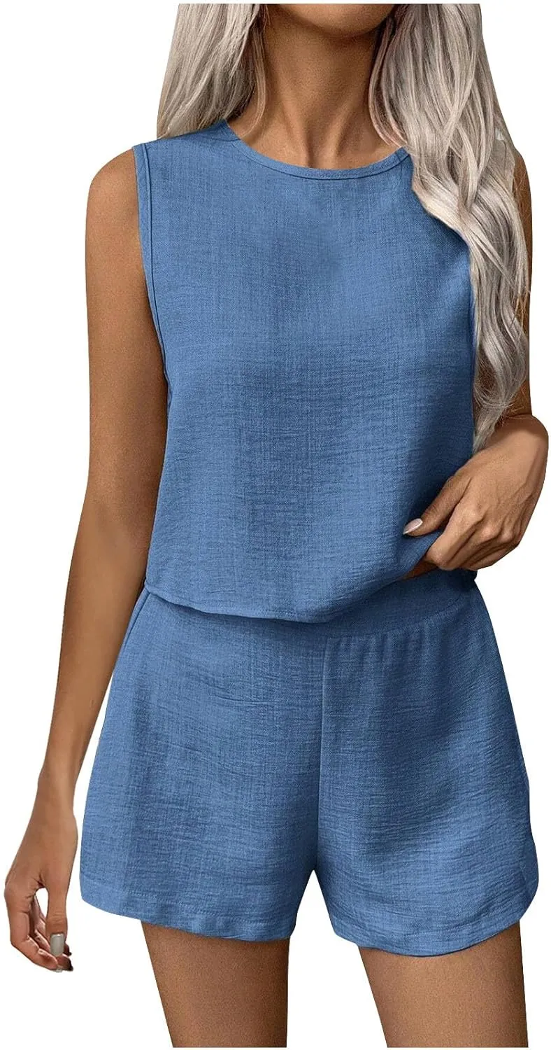 DDAPJ pyju Women's Summer 2 Piece Outfits Casual Cotton Linen Sleeveless Matching Sets Keyhole Back Crop Tank Top and Shorts
