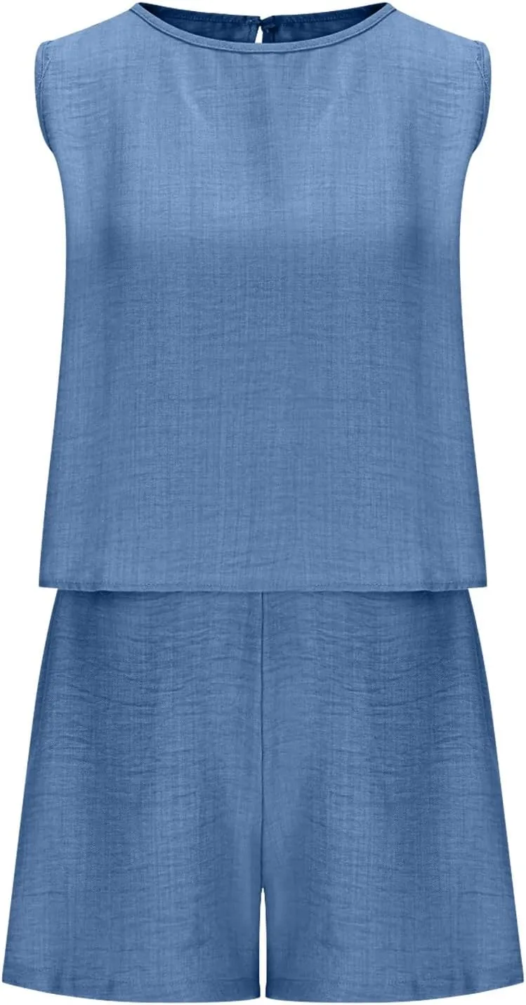 DDAPJ pyju Women's Summer 2 Piece Outfits Casual Cotton Linen Sleeveless Matching Sets Keyhole Back Crop Tank Top and Shorts