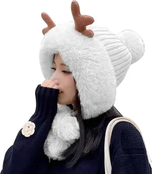 Deer Antler Warm Hooded Hat, Winter Pompom Hats with Pompom, Fluffy Knit Ear Faux Crochet, Skull Cap Warm Soft Ski Cap, Fleece Ear Flaps Winter Earflap Beanie(Winter Gifts/Beige/White)