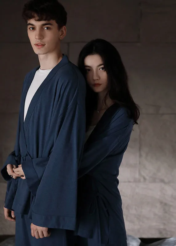 DIY Blue V Neck Tie Waist Cotton Pajamas Two Pieces Set Long Sleeve TO1030