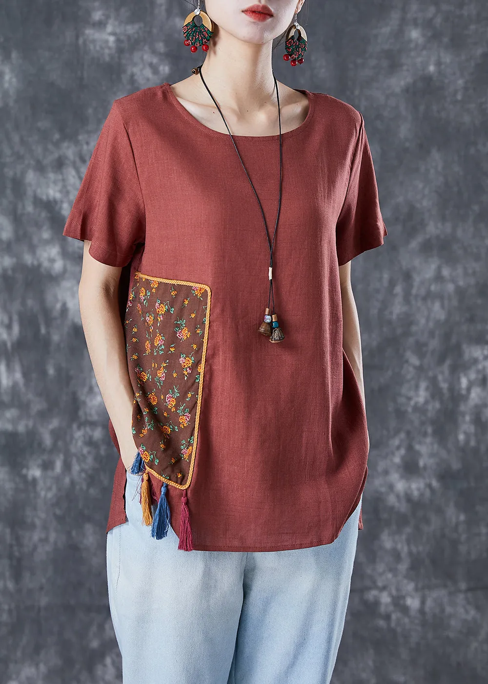 Diy Brick Red Oversized Patchwork Applique Linen Tops Summer LY4987