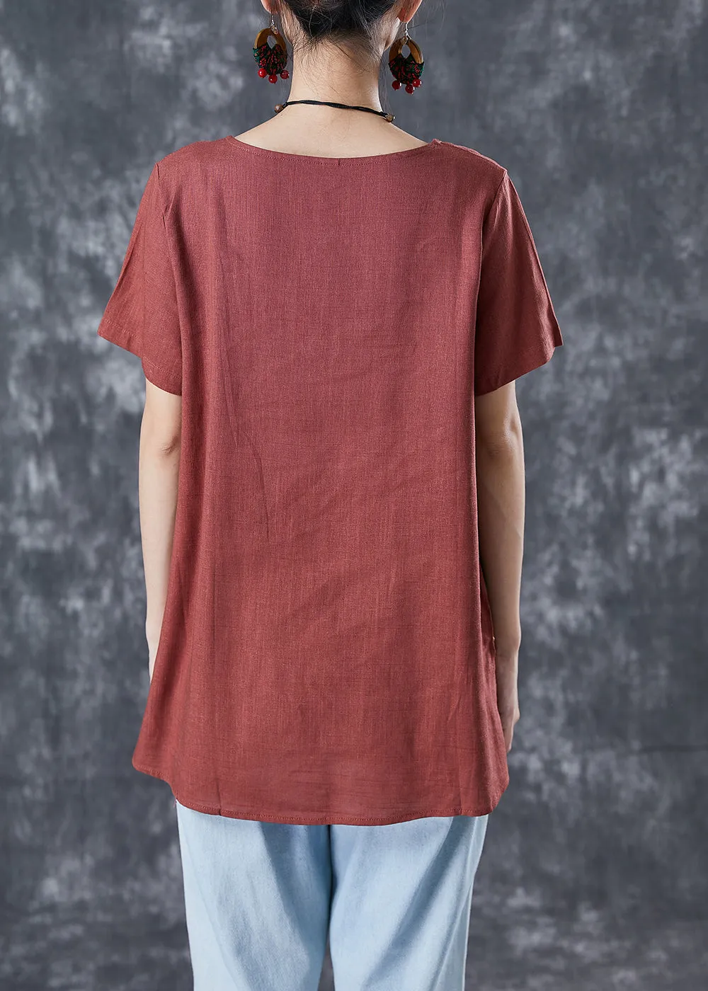 Diy Brick Red Oversized Patchwork Applique Linen Tops Summer LY4987