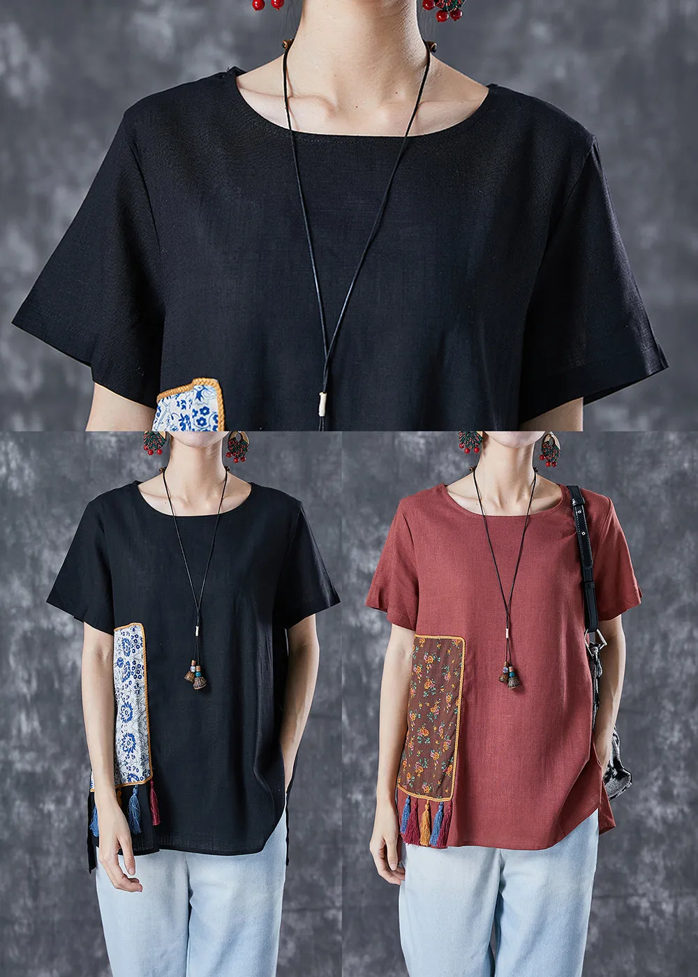 Diy Brick Red Oversized Patchwork Applique Linen Tops Summer LY4987