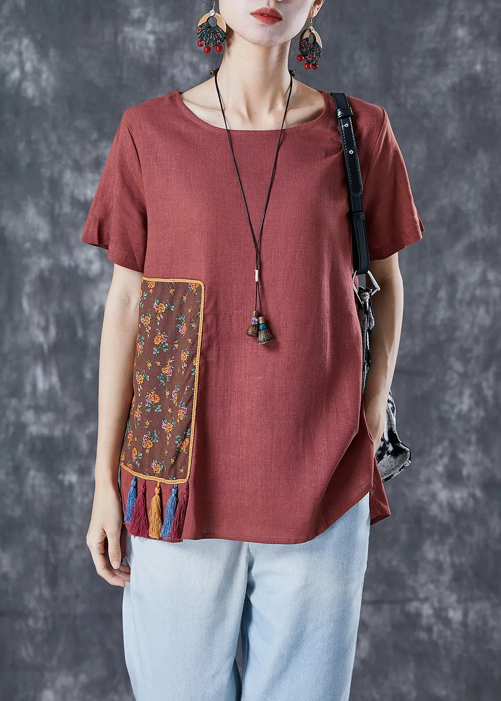 Diy Brick Red Oversized Patchwork Applique Linen Tops Summer LY4987