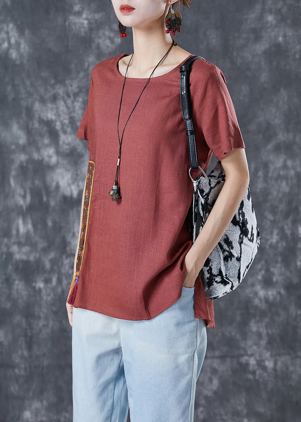 Diy Brick Red Oversized Patchwork Applique Linen Tops Summer LY4987