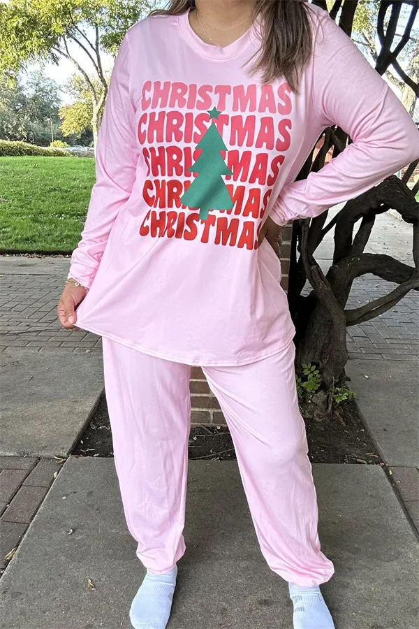 DLH15631 "CHRISTMAS"red words&tree printed long sleeve tops&pant women pink pajamas sets