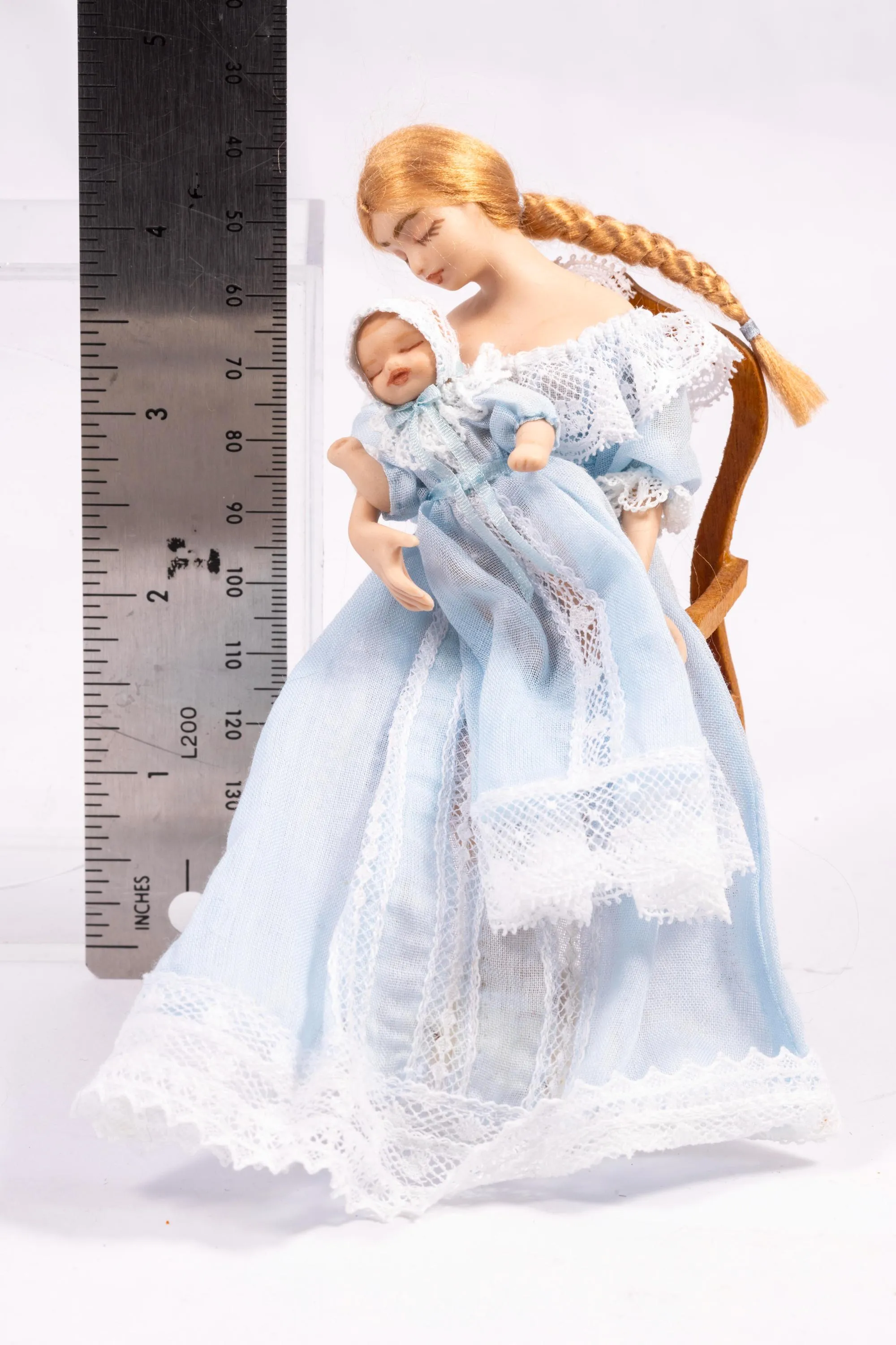 Dollhouse Miniature ~ Blonde Mother & Baby Boy Porcelain Dolls in Blue Nightgown Sitting Debra Hammond Artisan Made Nursery