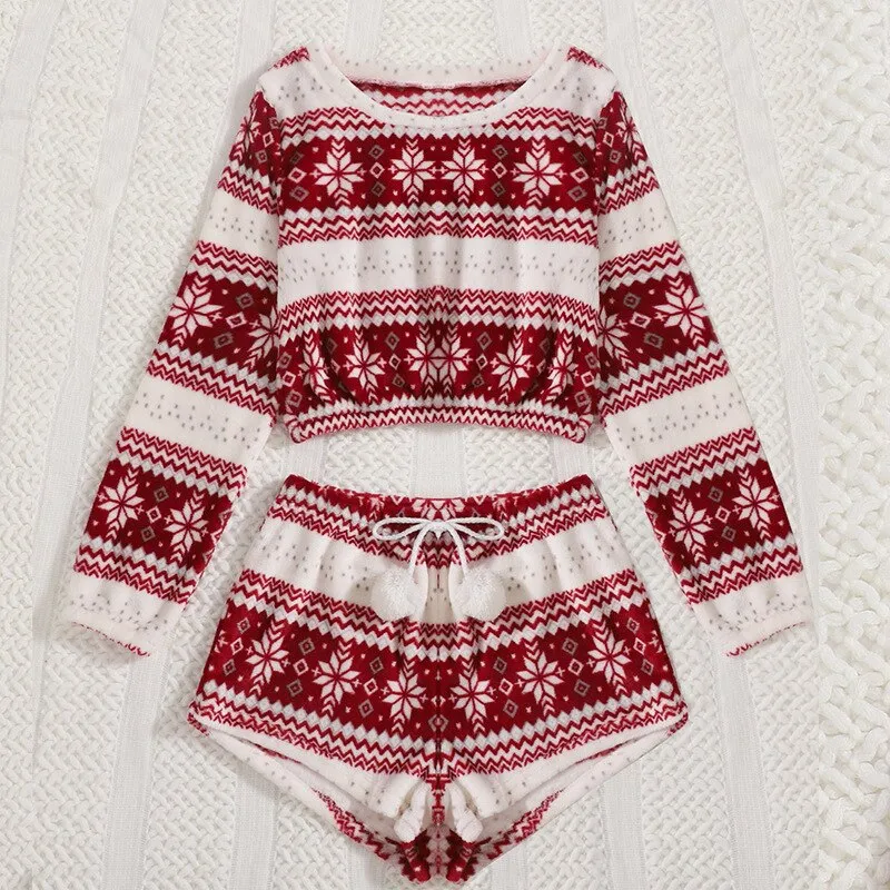 DressBetty - Christmas Flannel Pajamas Set Long Sleeve Crop Top Shorts 2Pcs Sleepwear