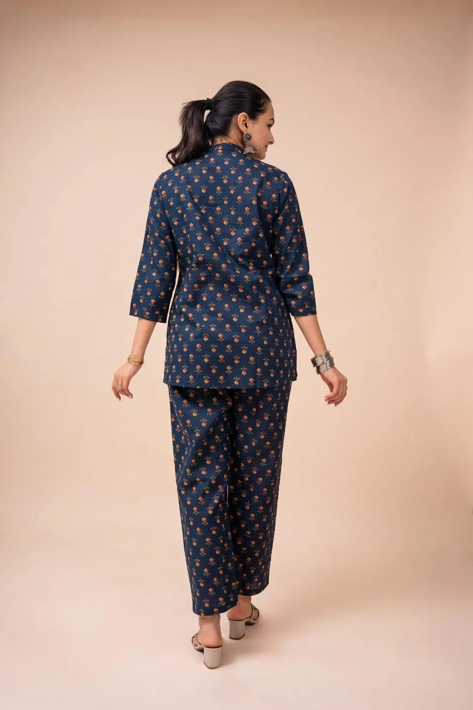 Ekisha's women navy blue multicolor floral printed cotton co-ord set lounge wear
