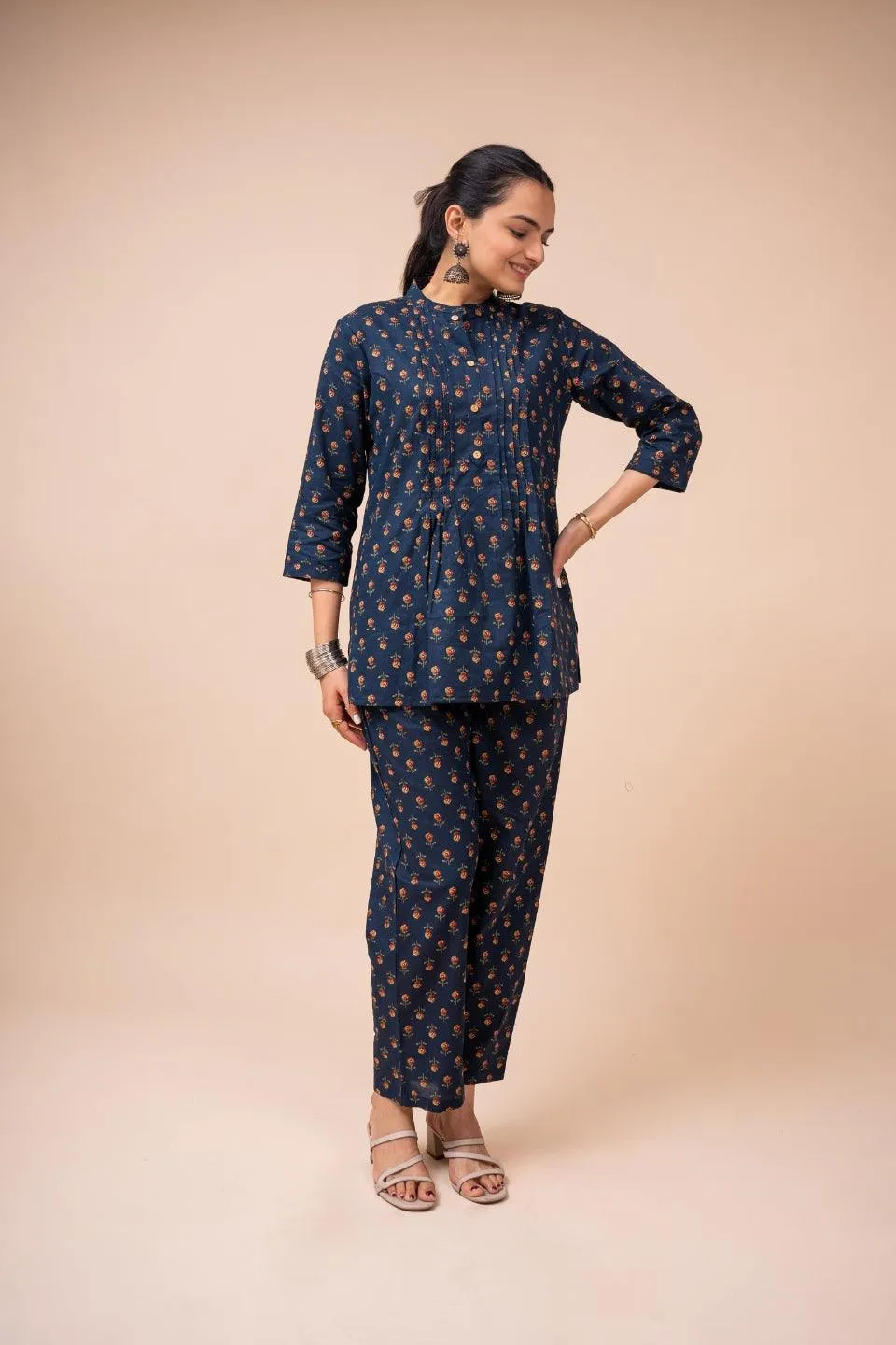 Ekisha's women navy blue multicolor floral printed cotton co-ord set lounge wear