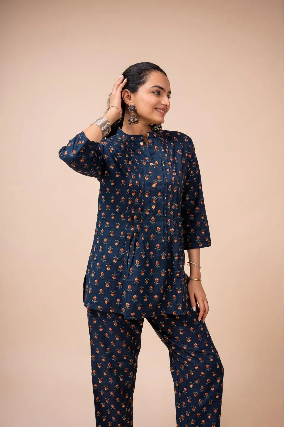 Ekisha's women navy blue multicolor floral printed cotton co-ord set lounge wear