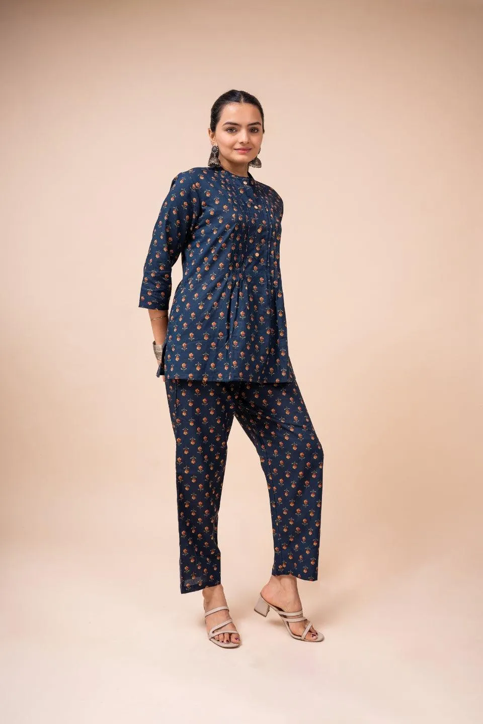 Ekisha's women navy blue multicolor floral printed cotton co-ord set lounge wear