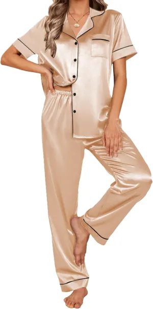 Ekouaer Satin Pajamas Set Women Short Sleeve Sleepwear Soft Button Down Loungewear Pjs Set