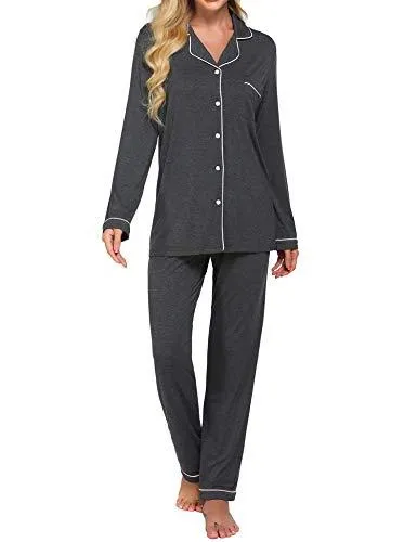 Ekouaer Womens Long Pajama Sets (Deep Flower Gray,Medium)