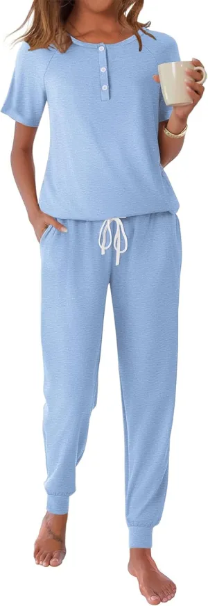 Ekouaer Womens Pajama Sets 2 Piece Pjs Short Sleeve Lounge Sets Joggers Pants Sleepwear Soft Outfits S-XXL