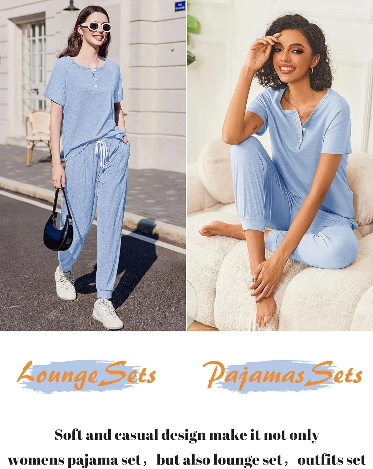 Ekouaer Womens Pajama Sets 2 Piece Pjs Short Sleeve Lounge Sets Joggers Pants Sleepwear Soft Outfits S-XXL