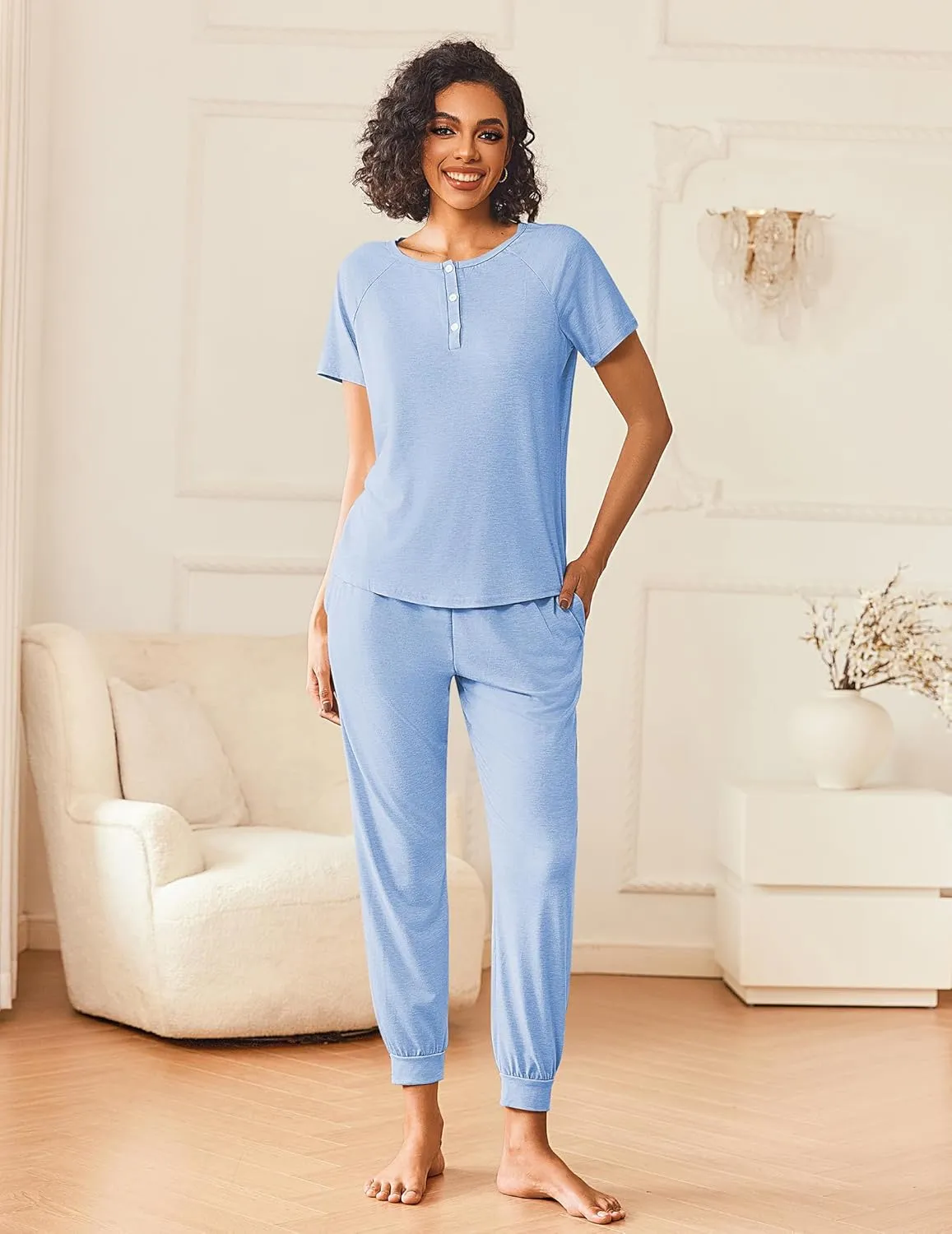 Ekouaer Womens Pajama Sets 2 Piece Pjs Short Sleeve Lounge Sets Joggers Pants Sleepwear Soft Outfits S-XXL
