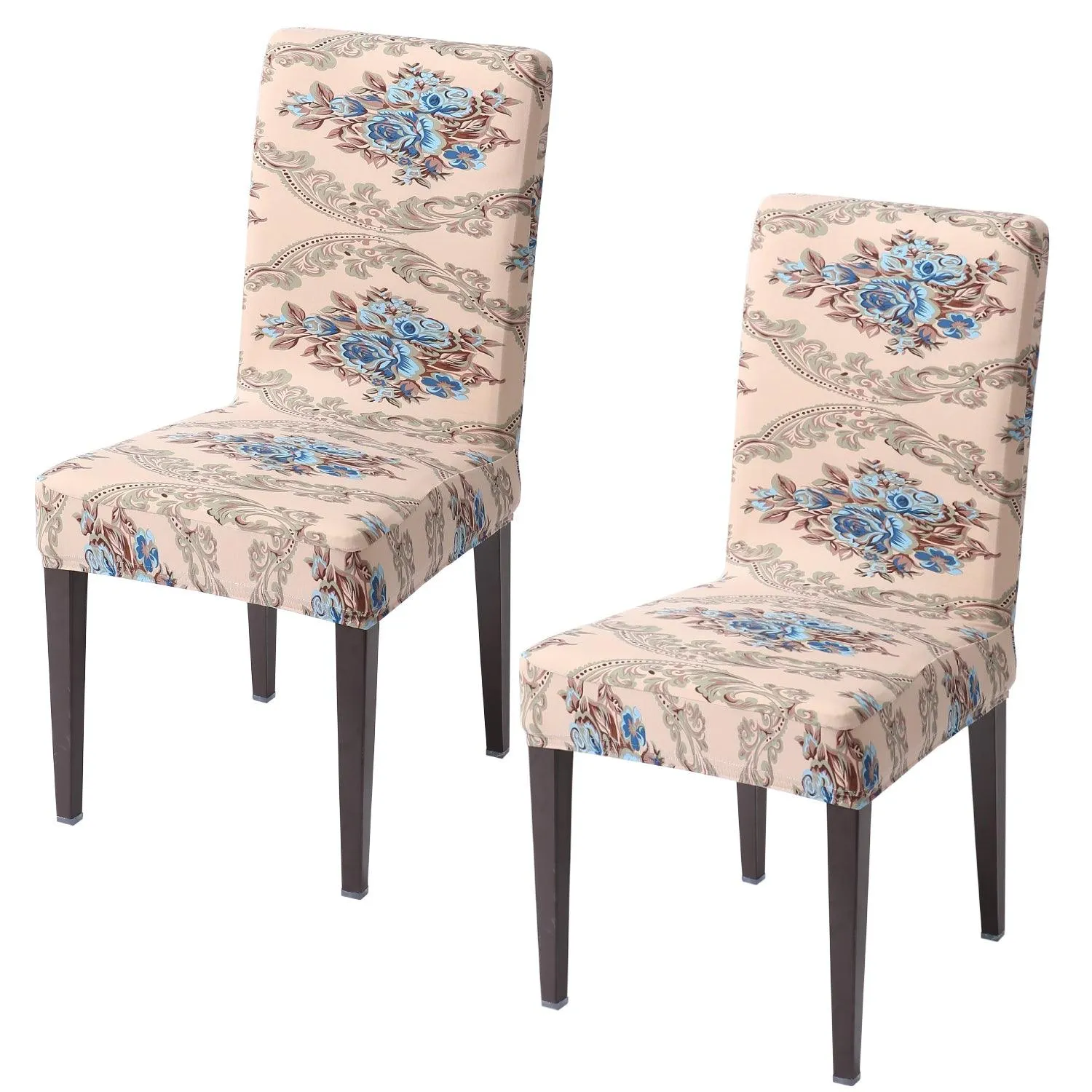 Elastic Stretchable Dining Chair Cover, Beige Blue Flowers