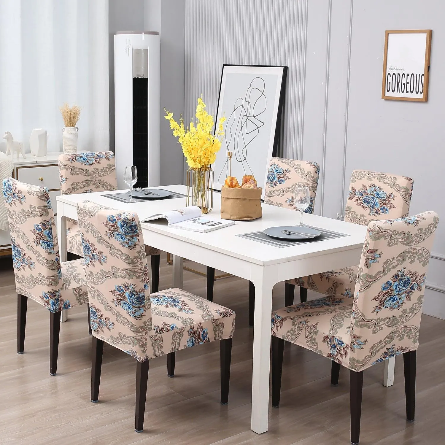 Elastic Stretchable Dining Chair Cover, Beige Blue Flowers
