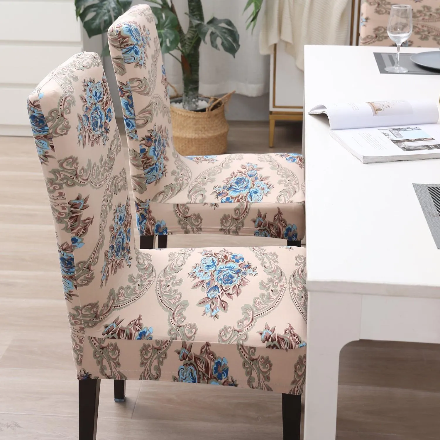 Elastic Stretchable Dining Chair Cover, Beige Blue Flowers