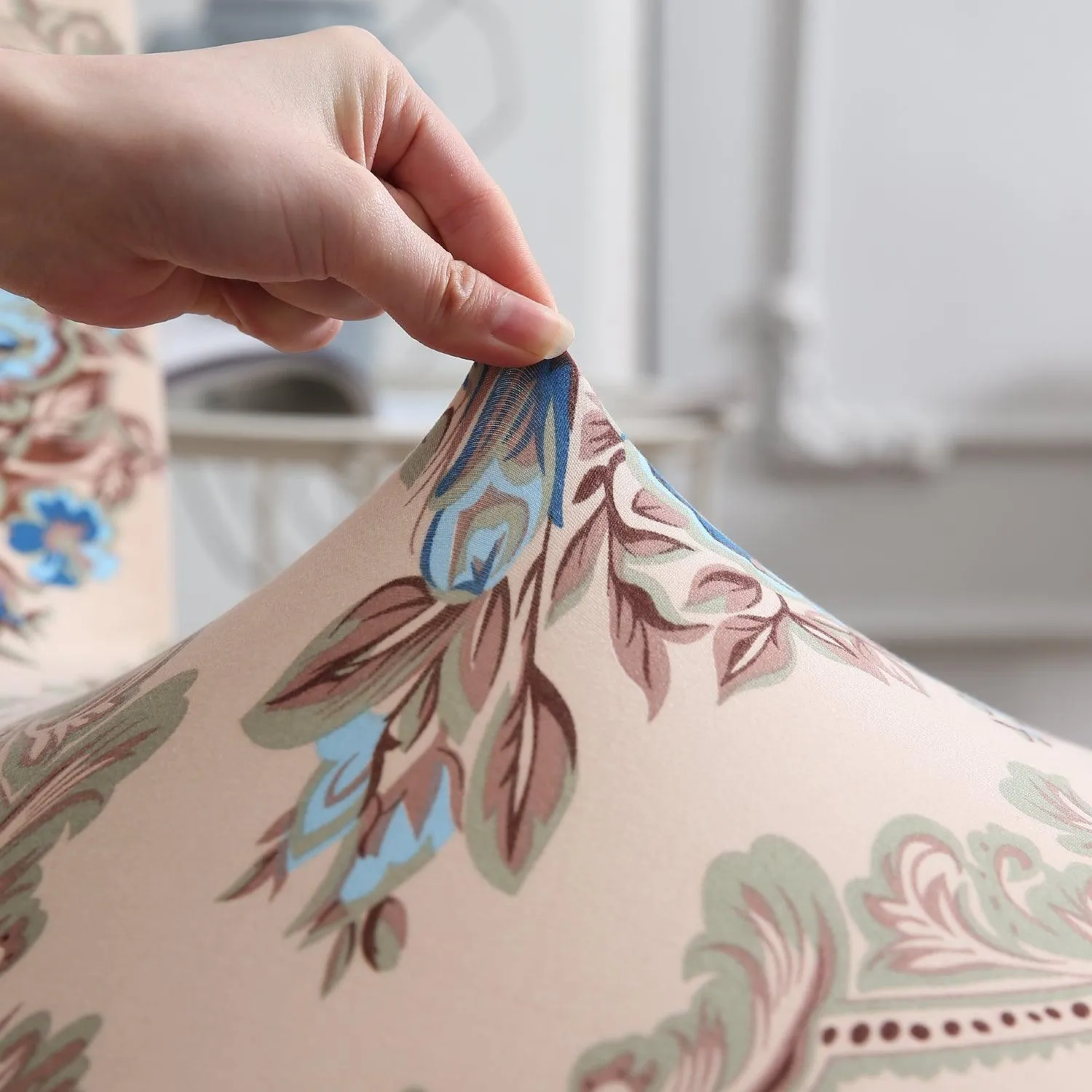 Elastic Stretchable Dining Chair Cover, Beige Blue Flowers