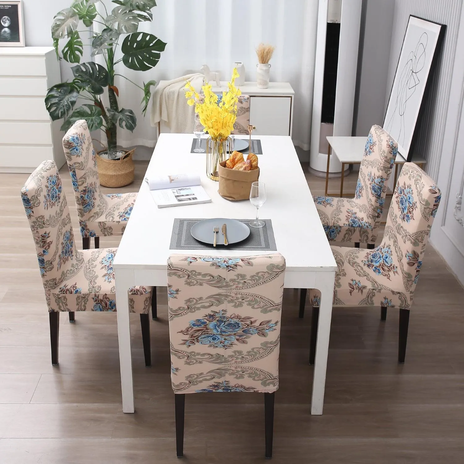 Elastic Stretchable Dining Chair Cover, Beige Blue Flowers