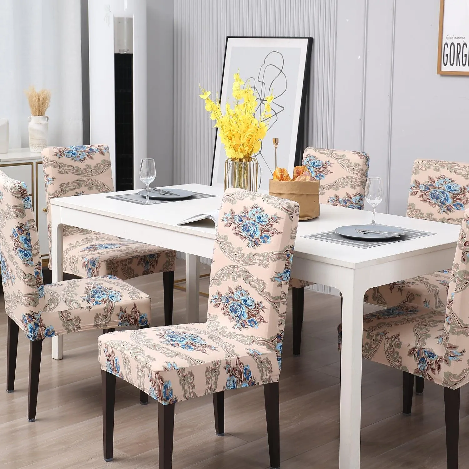 Elastic Stretchable Dining Chair Cover, Beige Blue Flowers