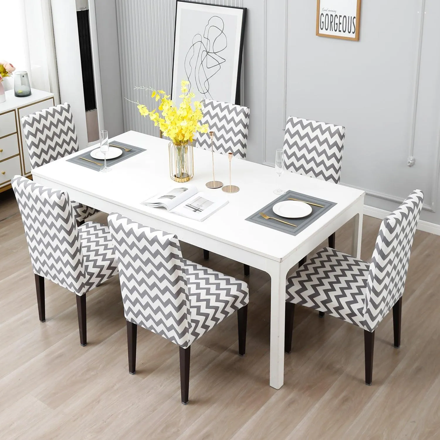 Elastic Stretchable Dining Chair Cover, Chevron Grey