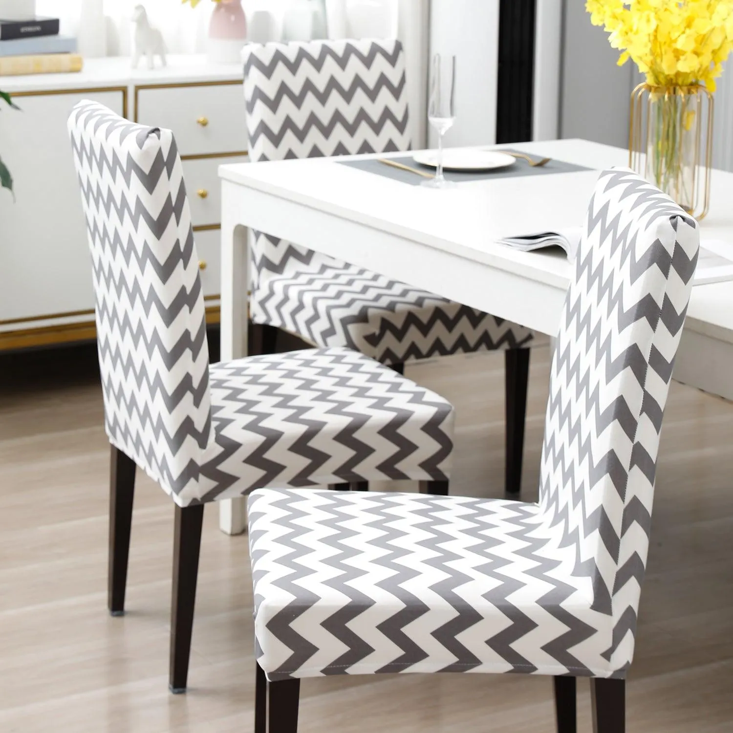 Elastic Stretchable Dining Chair Cover, Chevron Grey