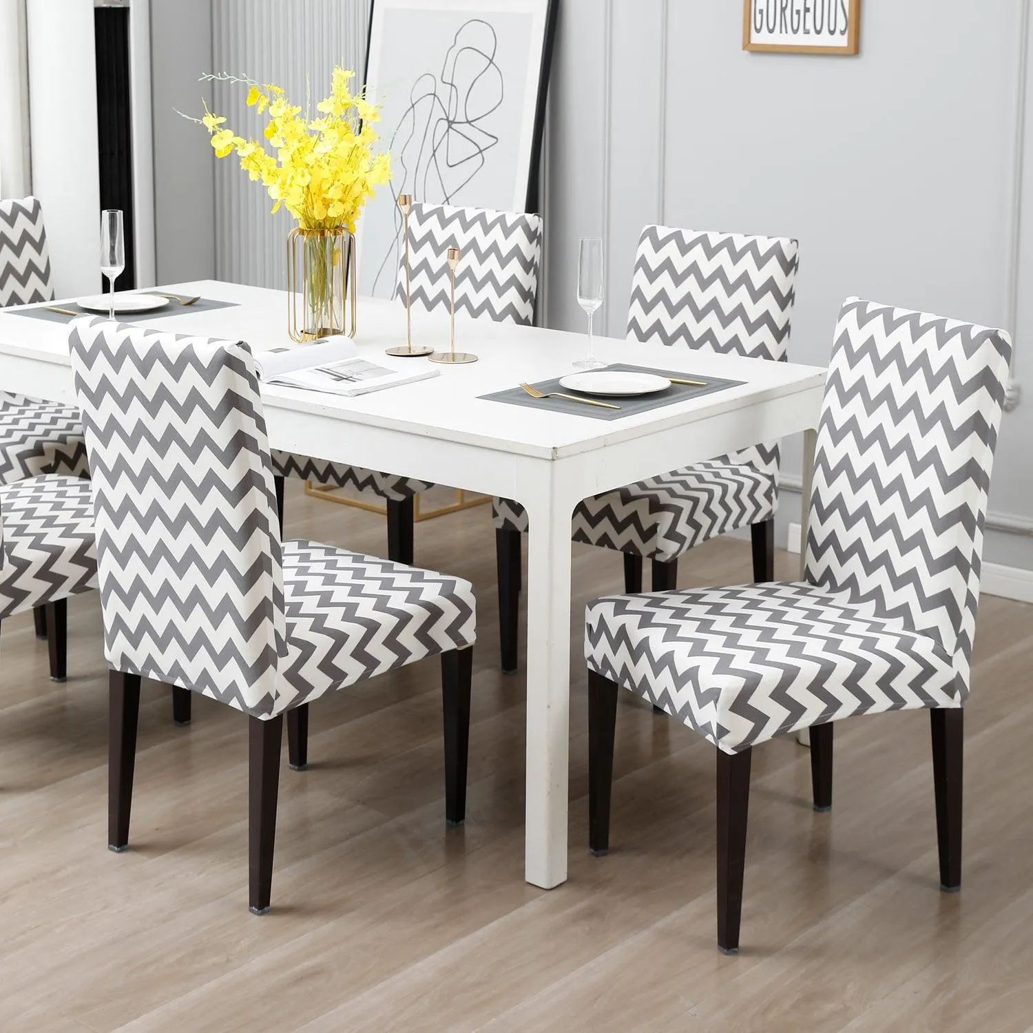 Elastic Stretchable Dining Chair Cover, Chevron Grey