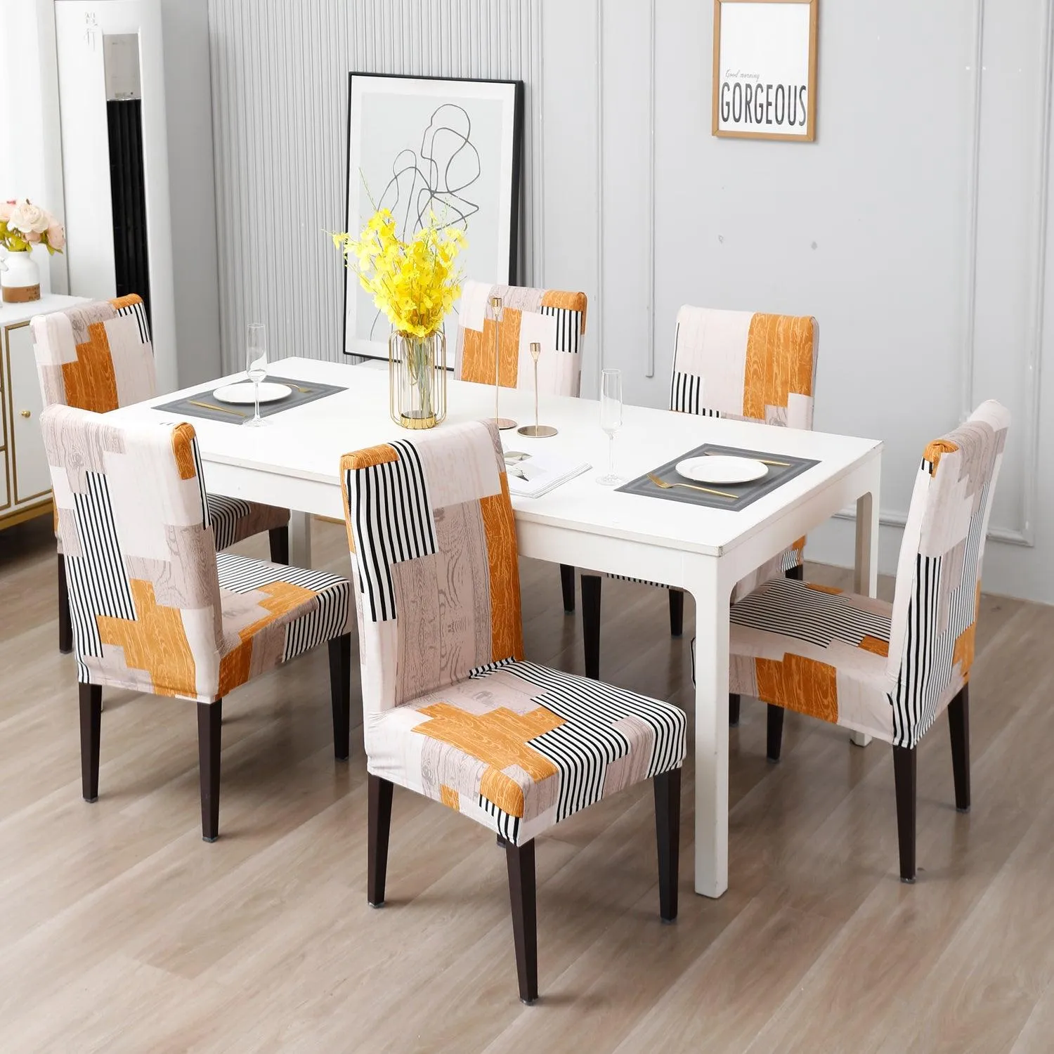 Elastic Stretchable Dining Chair Cover, Ivory Linear lines