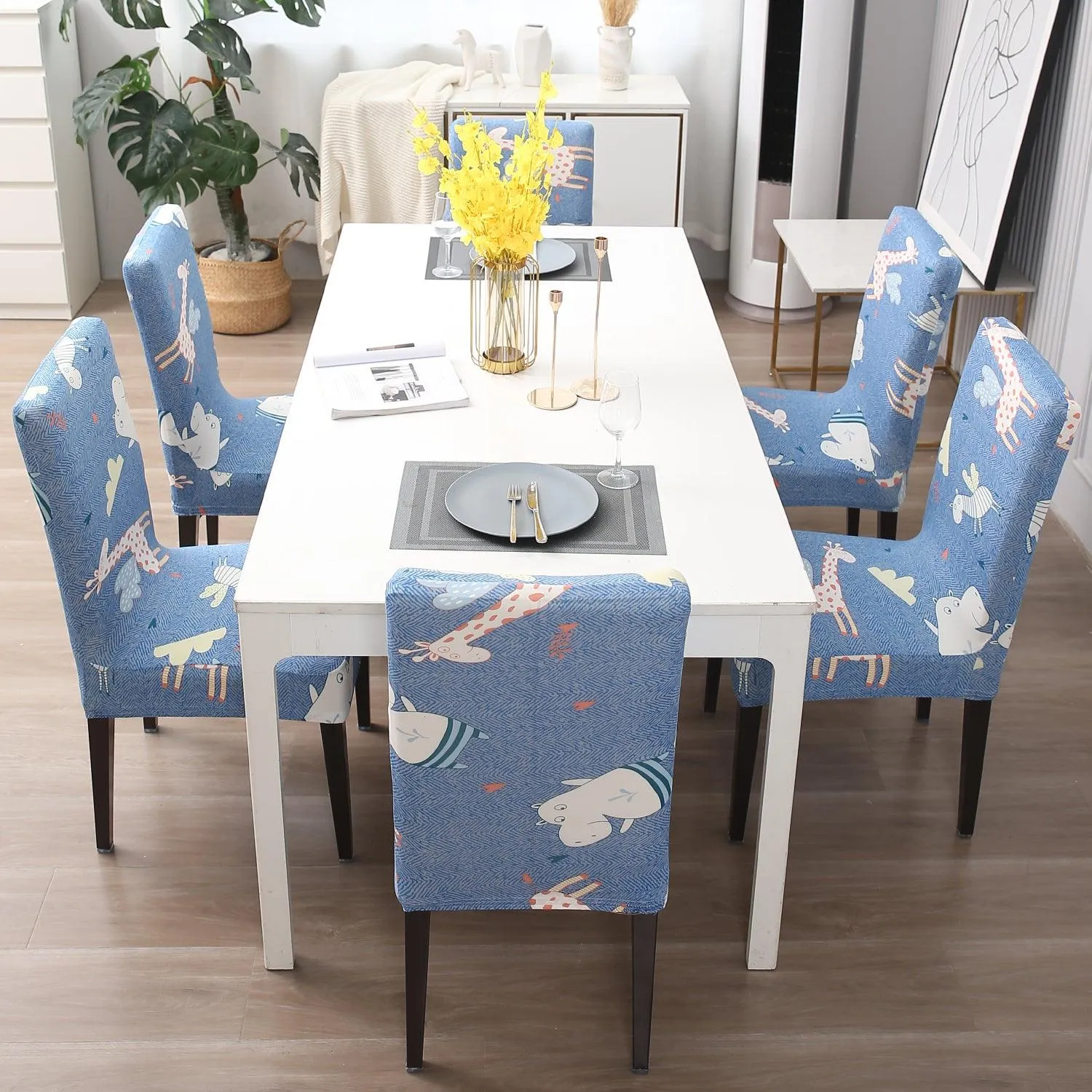 Elastic Stretchable Dining Chair Cover, Sky Blue Happy Animals