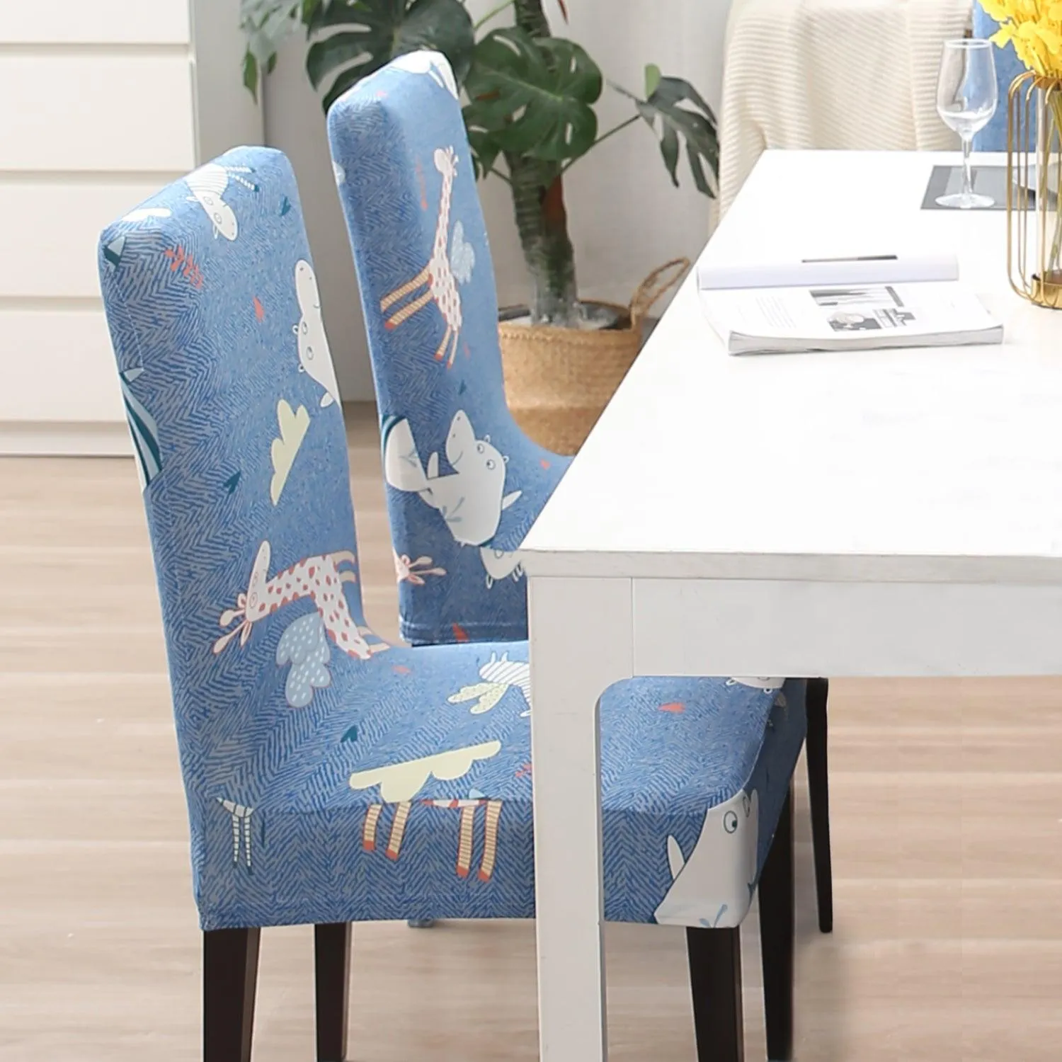 Elastic Stretchable Dining Chair Cover, Sky Blue Happy Animals