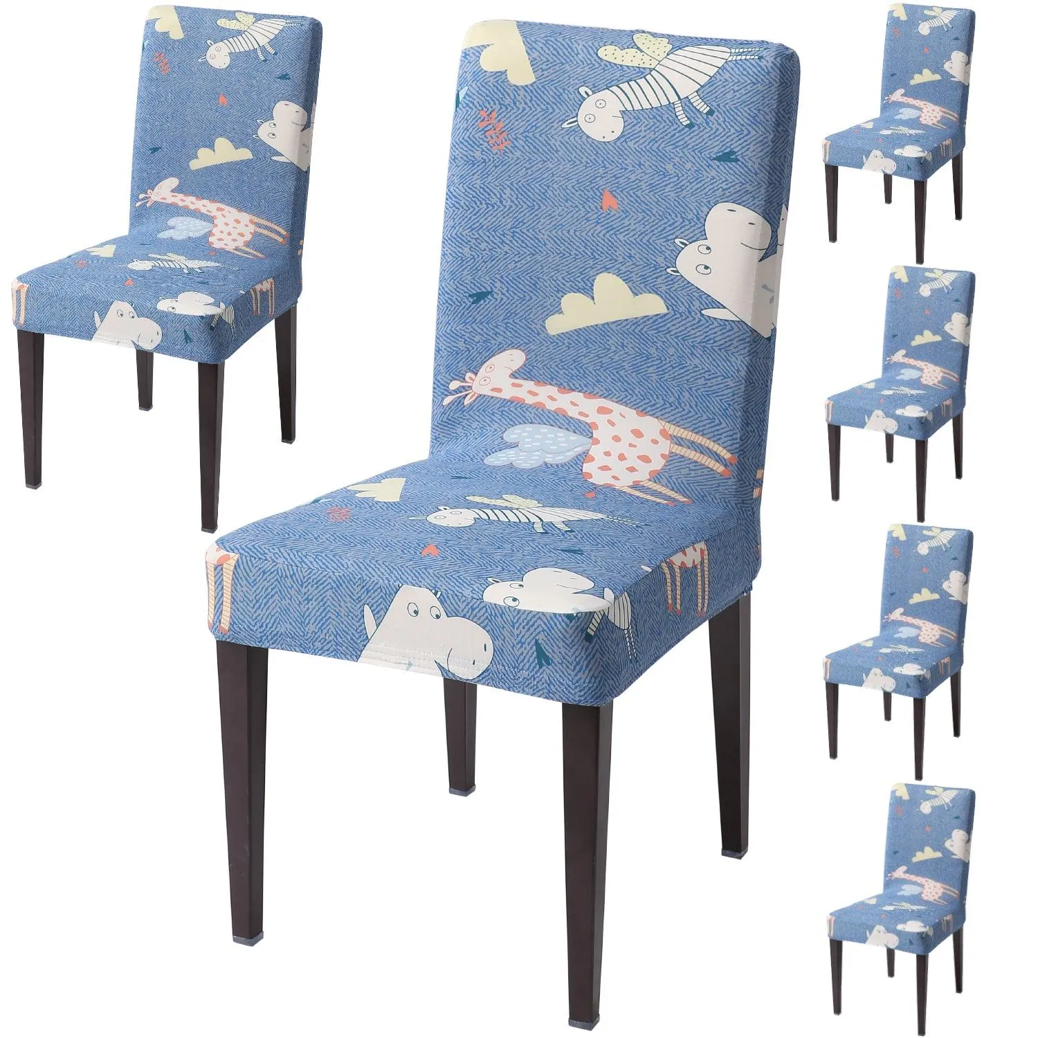 Elastic Stretchable Dining Chair Cover, Sky Blue Happy Animals
