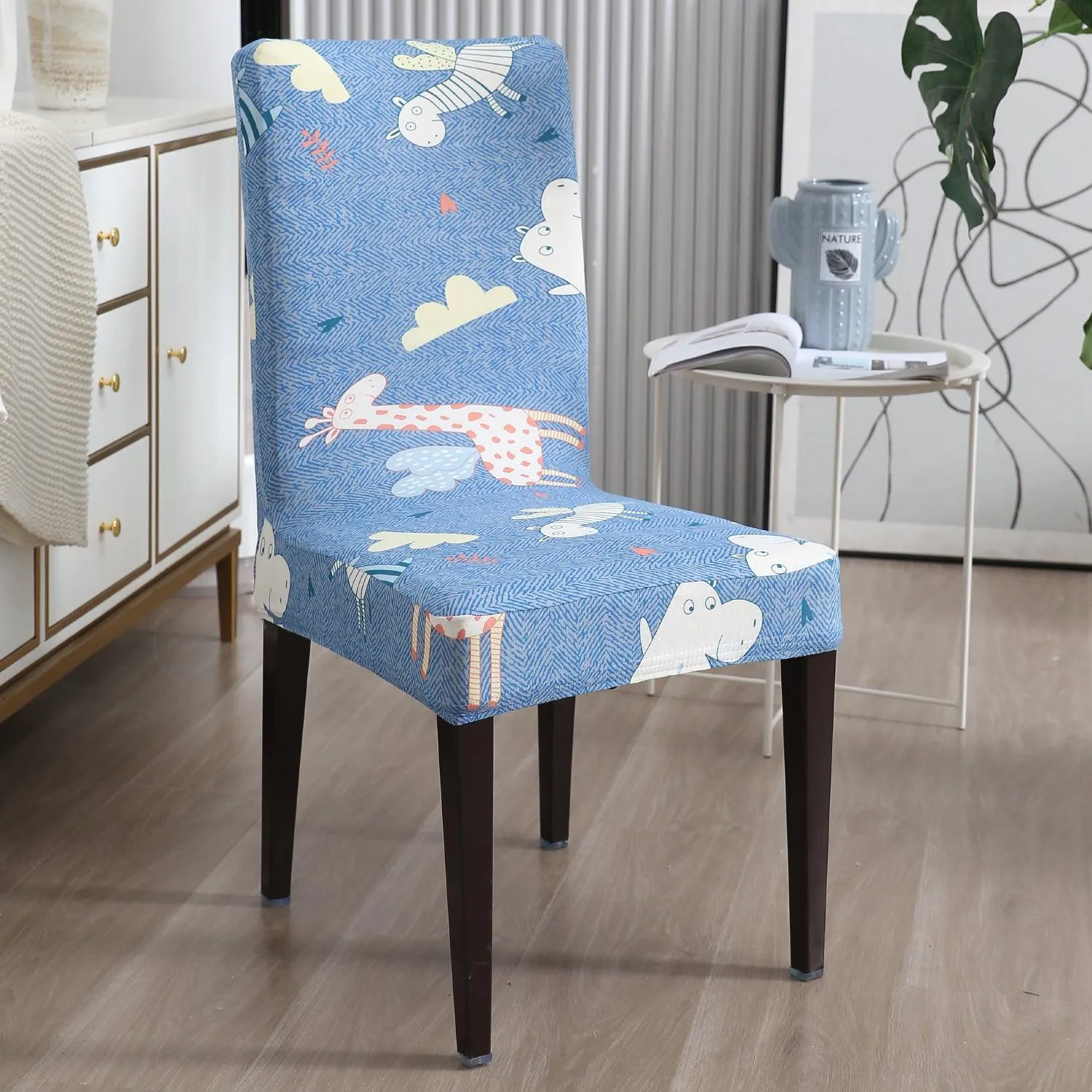 Elastic Stretchable Dining Chair Cover, Sky Blue Happy Animals