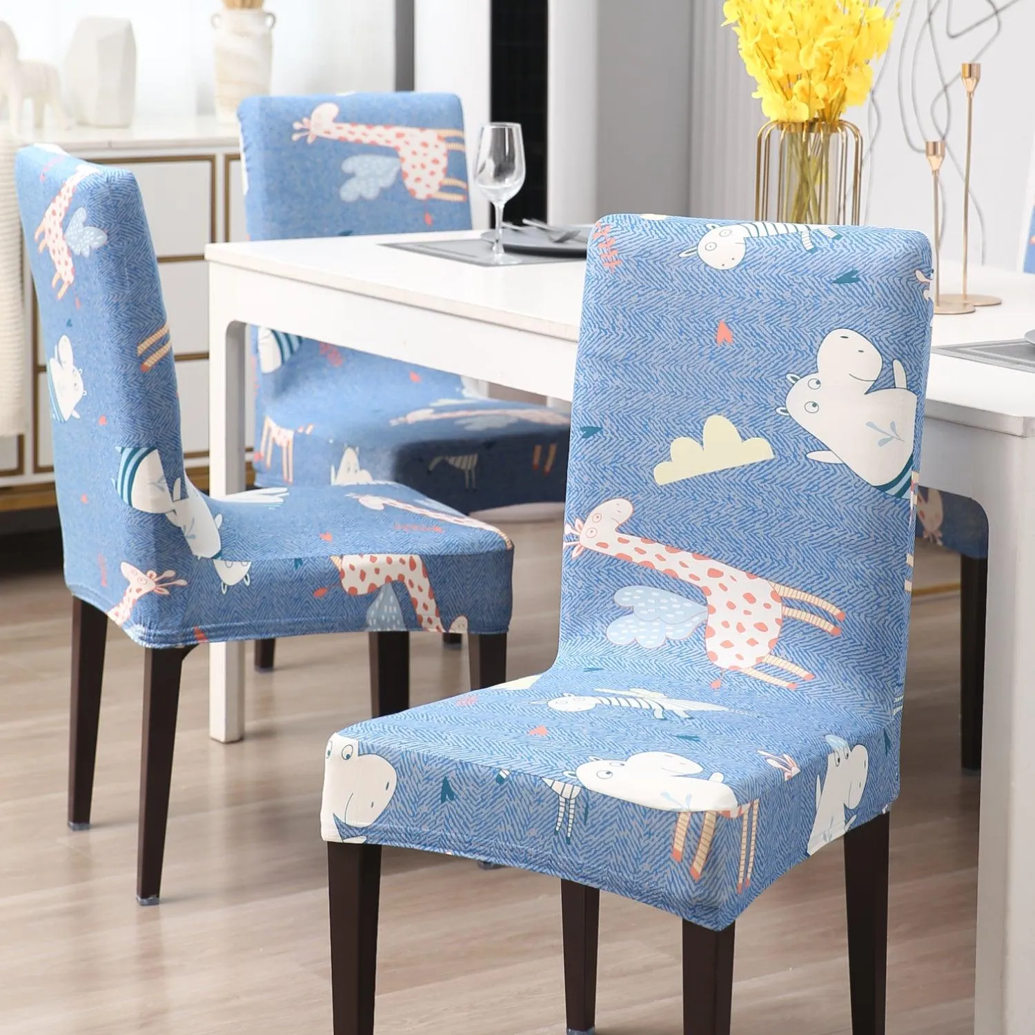 Elastic Stretchable Dining Chair Cover, Sky Blue Happy Animals