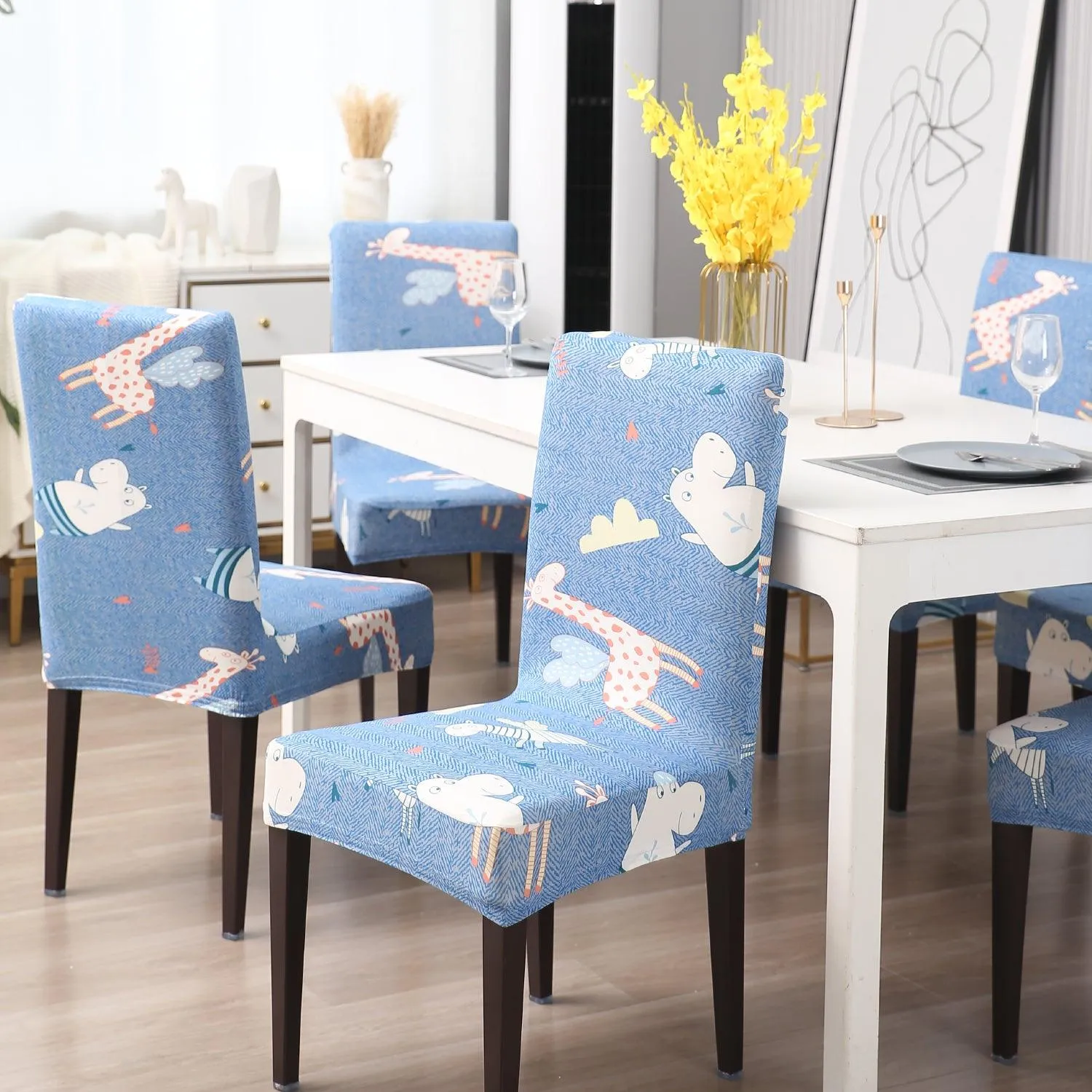 Elastic Stretchable Dining Chair Cover, Sky Blue Happy Animals