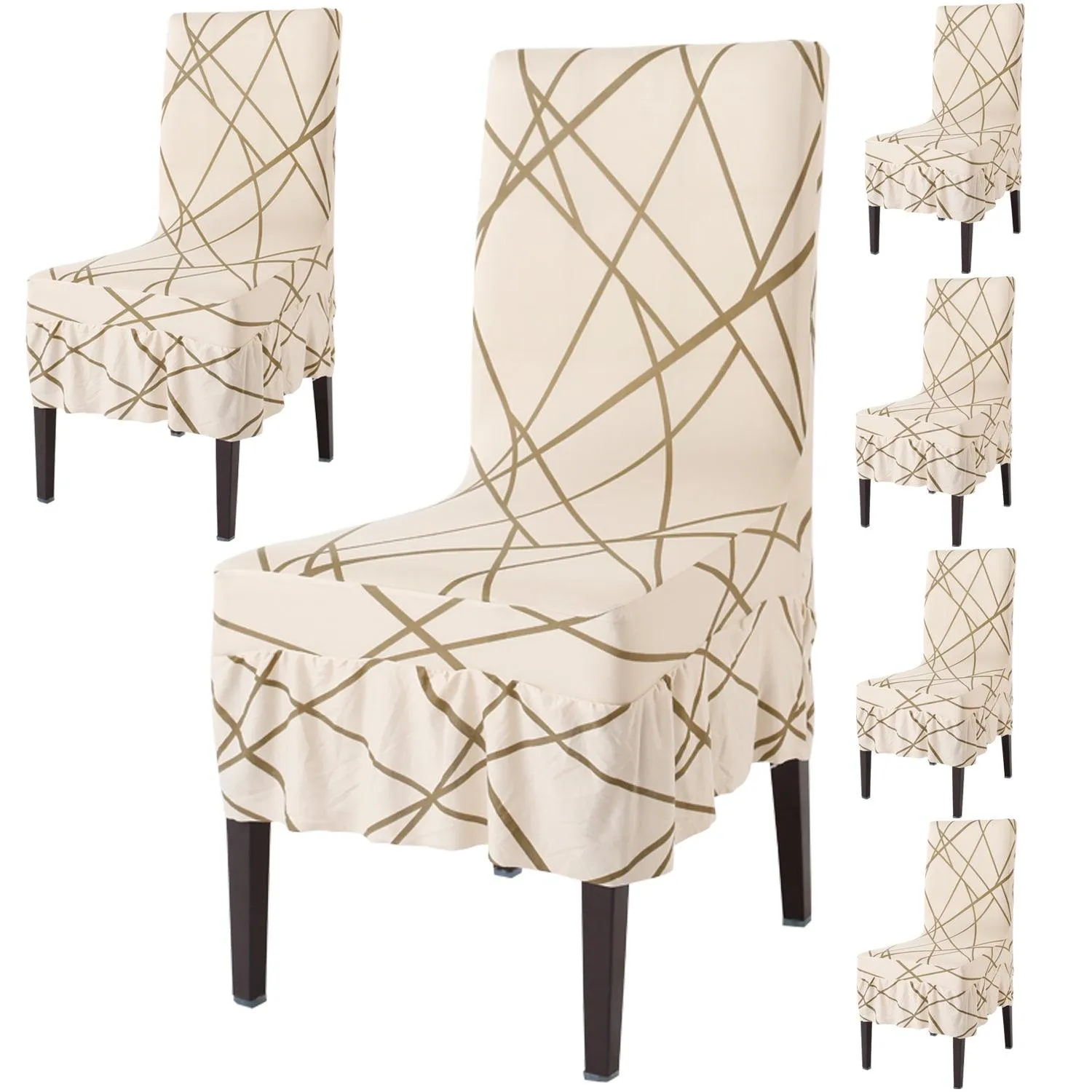 Elastic Stretchable Dining Chair Cover with Frill, Beige Abstract Line