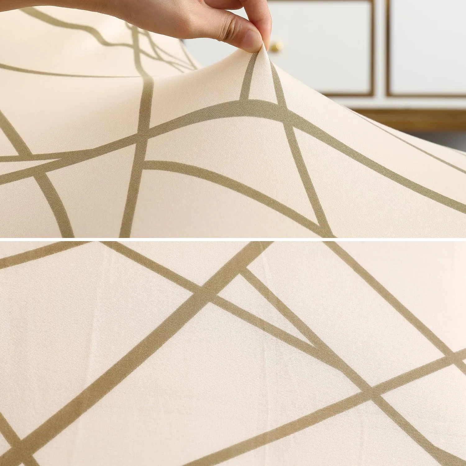 Elastic Stretchable Dining Chair Cover with Frill, Beige Abstract Line