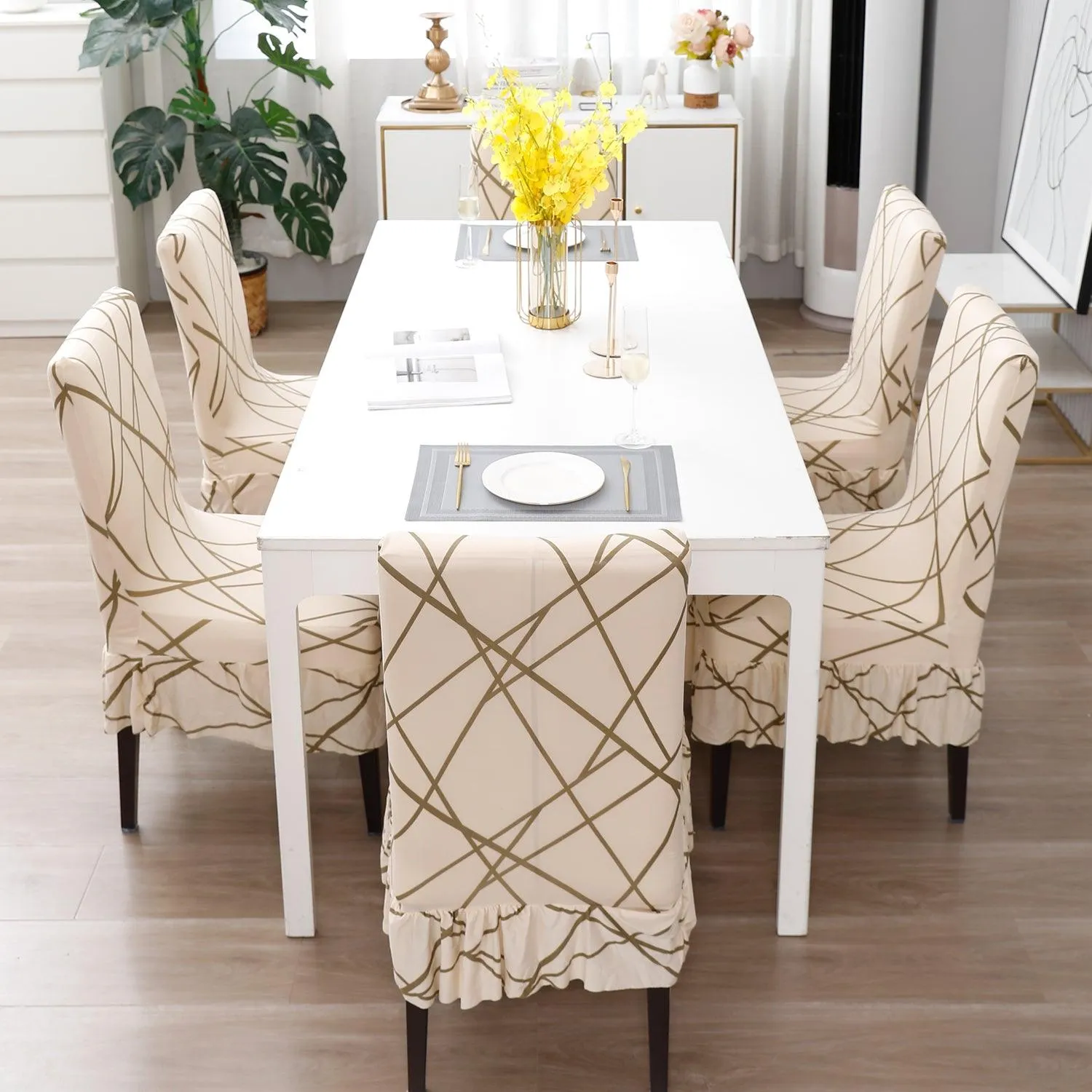 Elastic Stretchable Dining Chair Cover with Frill, Beige Abstract Line