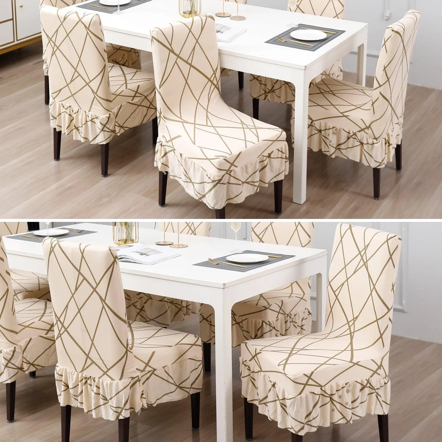 Elastic Stretchable Dining Chair Cover with Frill, Beige Abstract Line