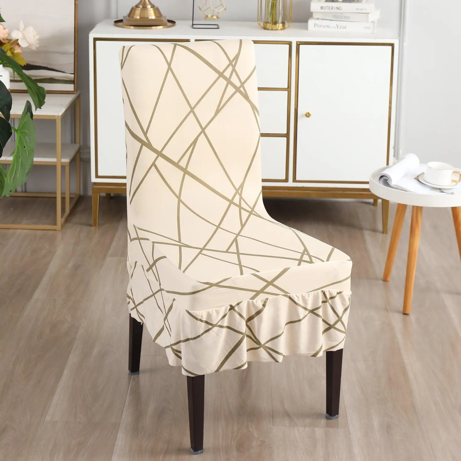 Elastic Stretchable Dining Chair Cover with Frill, Beige Abstract Line